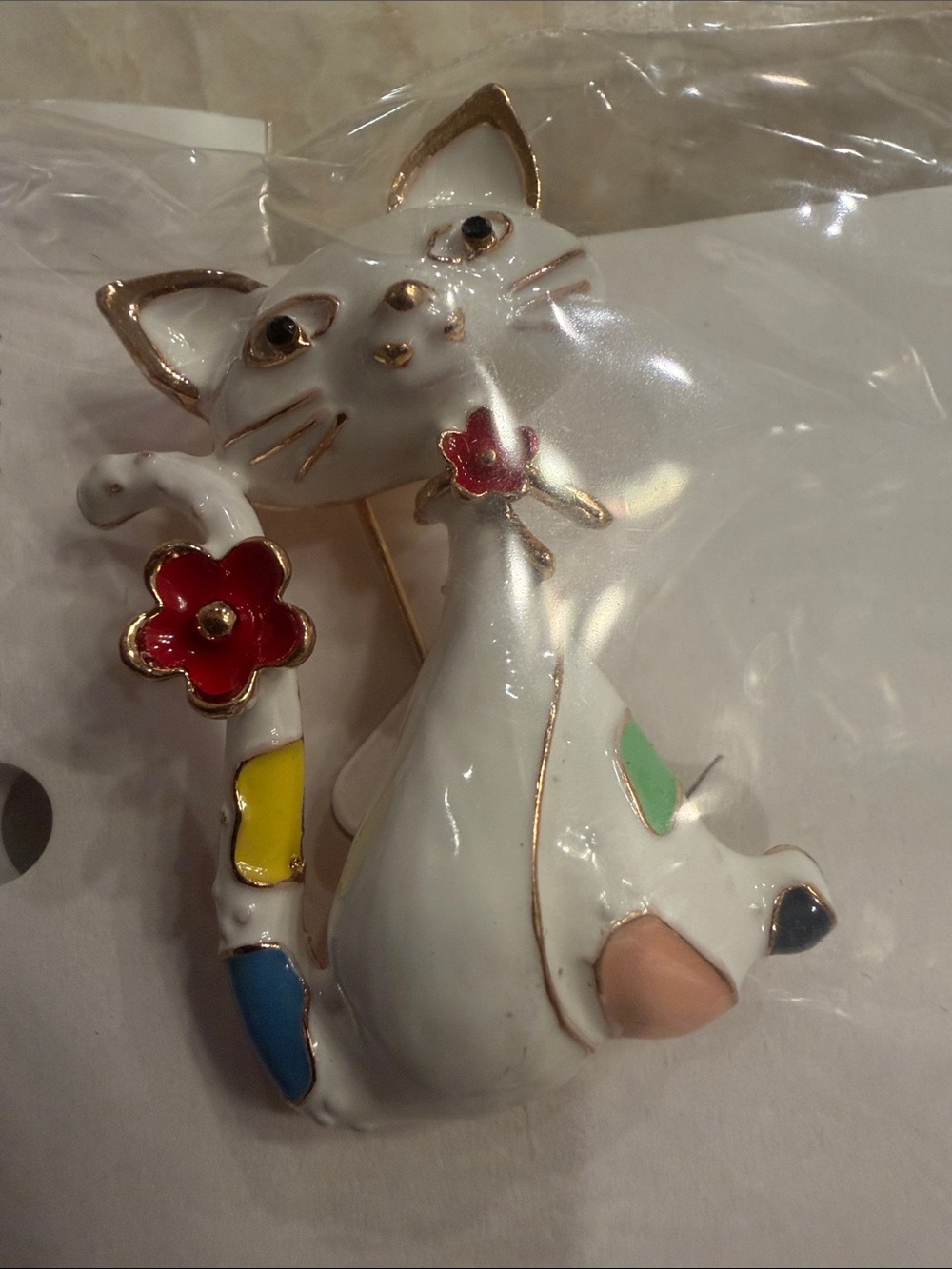 White or Black Enamel Cat Brooch with Multicolor Accents
